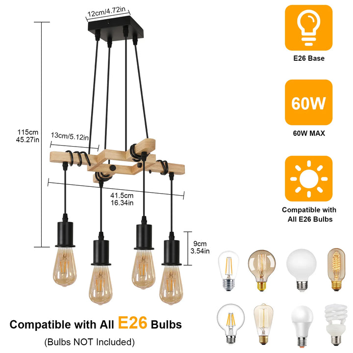 Industrial Modern Vintage Hanging Lamp Wooden Pendant Style Adjustable E27 Iron Rope Swag Lamp Vintage Decorative Lighting