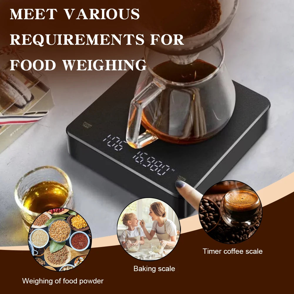 Mini Coffee Scale with Timer Accurate Scale Auto Tare Rechargeable 3kg/0.1g Portable Digital Kitchen Scale Portable Coffee Scale