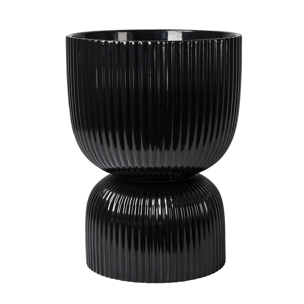 Black Ceramic Fulted Planter 10 Inch Round Flower Pot with Drainage Small Houseplants Indoor Outdoor Gardening