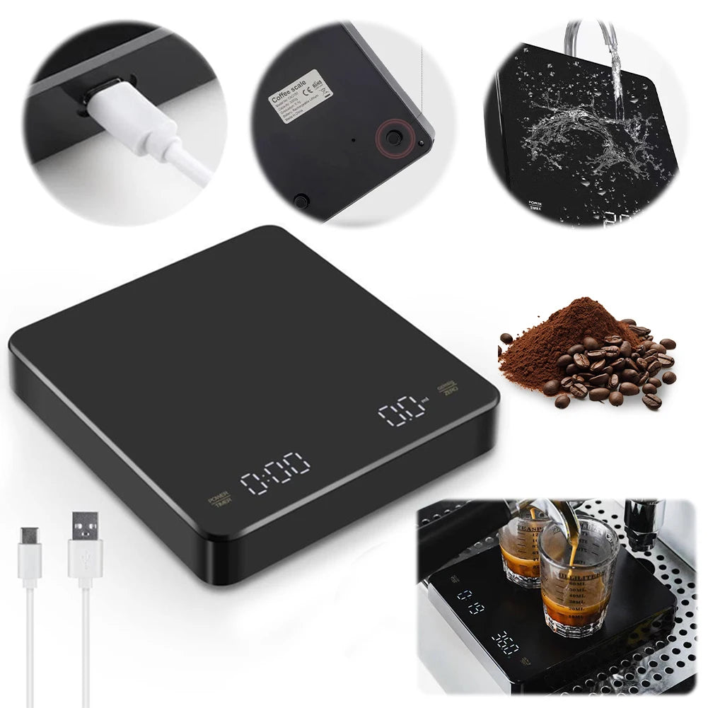 Mini Coffee Scale with Timer Accurate Scale Auto Tare Rechargeable 3kg/0.1g Portable Digital Kitchen Scale Portable Coffee Scale