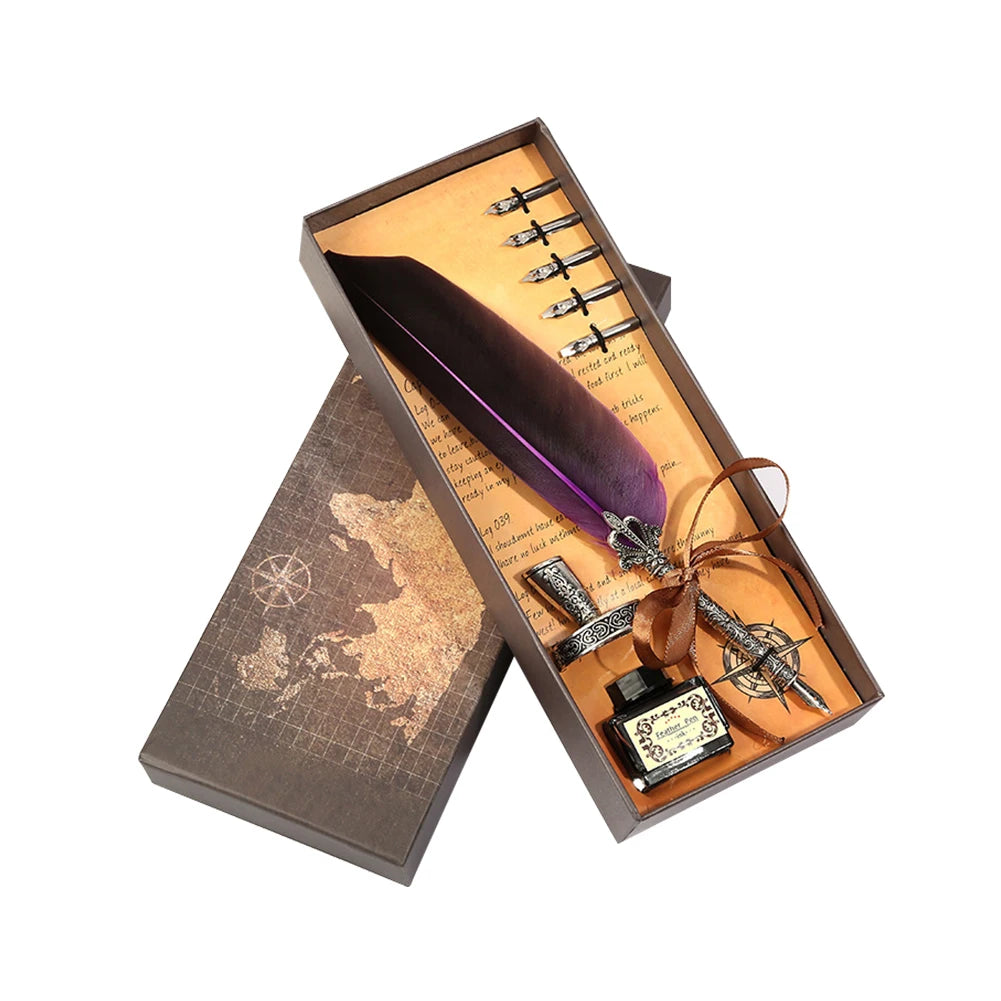 Retro Calligraphy Feather Dip Pen Writing Ink Bottle Stationery Birthday Gifts