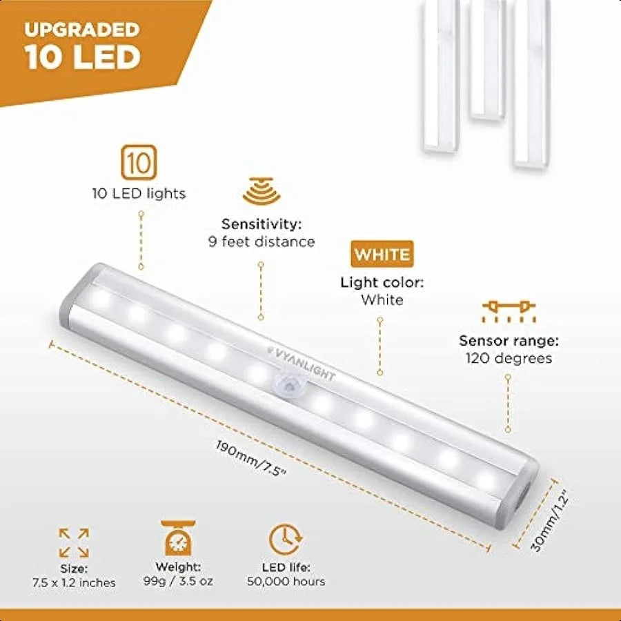 Motion Sensor LED Under Cabinet Lights 10 LED Light Strips for Closet Kitchen Bathroom Pantry Battery Operated Wireless Peel an