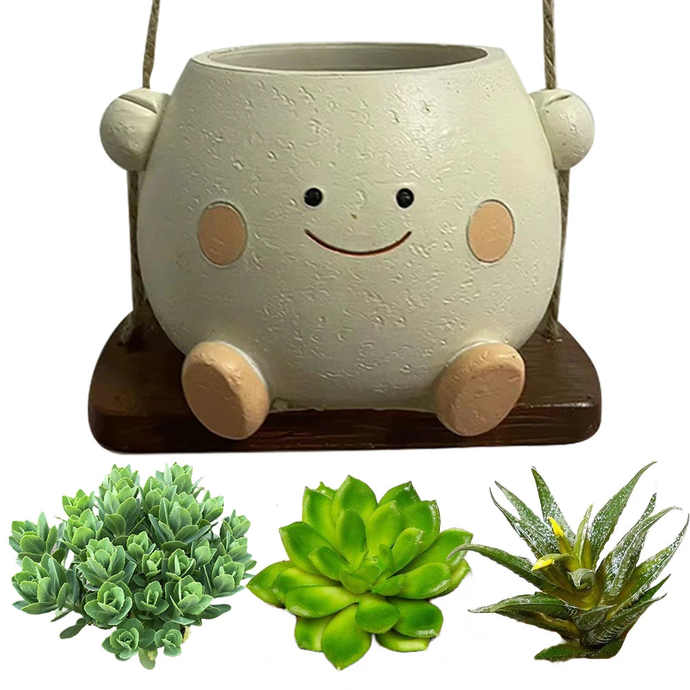 2Pcs Swing Smile Face Planter Resin Cute Plant Succulent Pots Creative Hanging Swing Chair Planter for Indoor Outdoor Plant