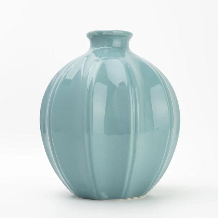 Ceramic Oval Vase Decorative Home Accent Ribbed Texture Timeless Blue Color Ideal Fresh Faux Flowers Indoor Display