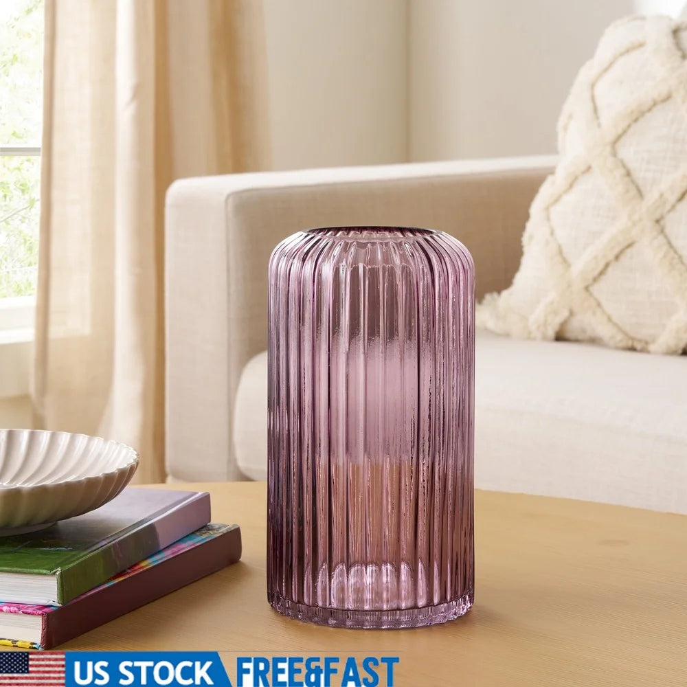 Pink Ribbed Glass Vase Decorative Tabletop Centerpiece Modern Ribbed Cylinder Flower Holder High Quality Glass Home Decor
