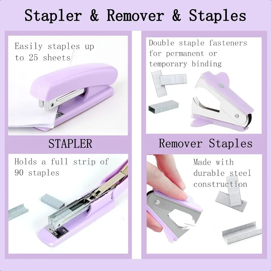 Purple Desk Accessories Purple Office Supplies 360°Pen Holder Desk Organizers And Accessories with Tape Dispenser Stapler Stapl