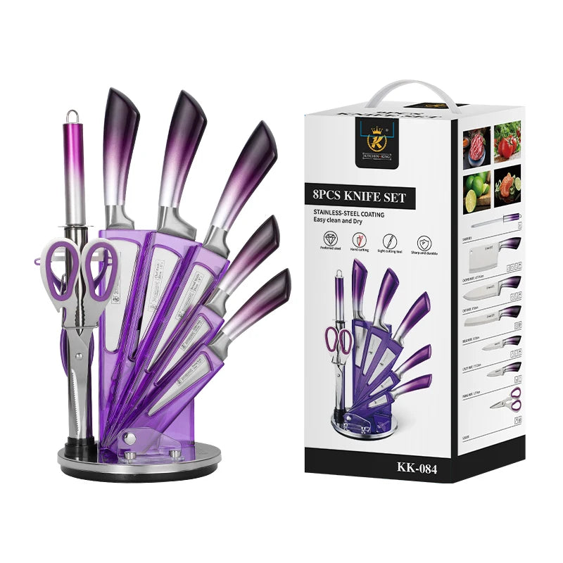 Kitchen Knife Set 9pcs Stainless Steel Sharp Non-Stick Coated Chef Knives with Sharpener for Cutting Slicing Dicing Chopping