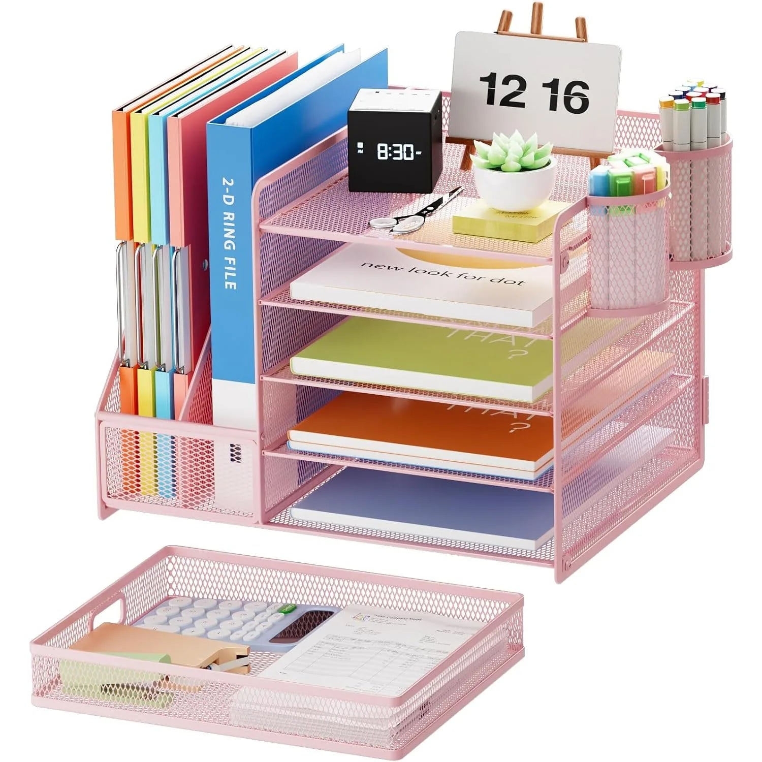 5-layer paper letter tray storage with drawers and 2 pen holders, desktop storage with office supplies magazine rack (pink)