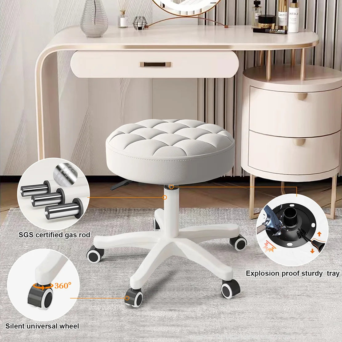 Small Chair Round Rolling Stool With Wheels PU Leather Height Adjustable Swivel Drafting Work SPA Salon Stools Home Office Chair