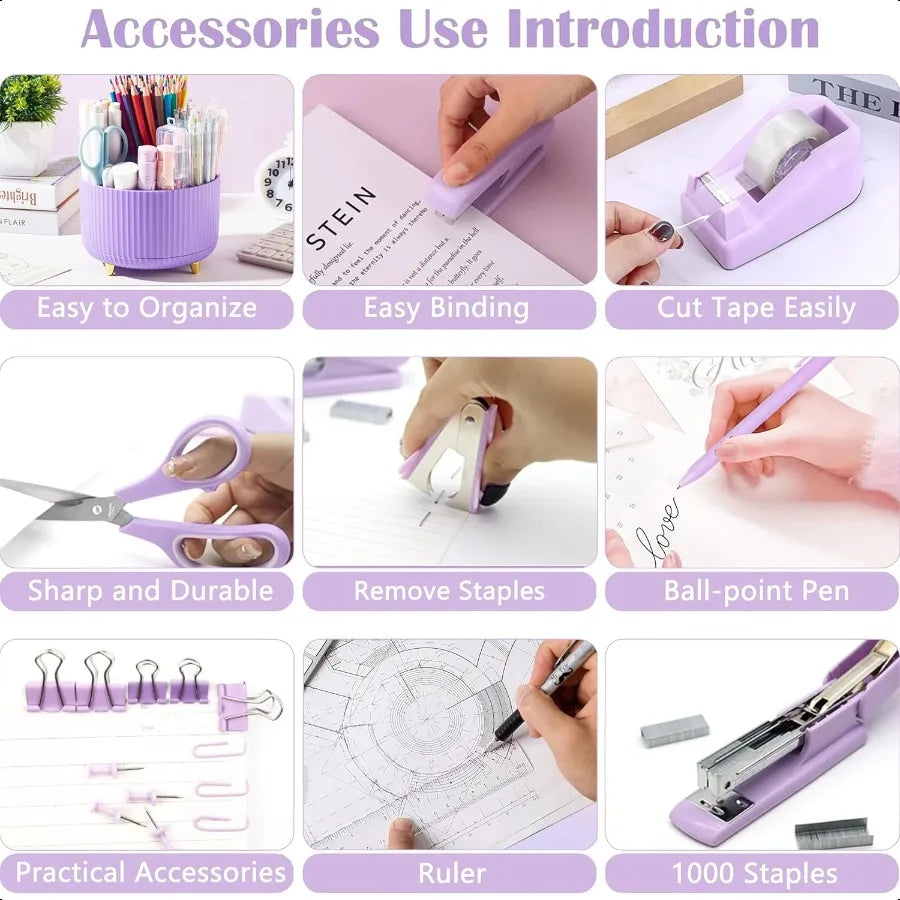 Purple Desk Accessories Purple Office Supplies 360°Pen Holder Desk Organizers And Accessories with Tape Dispenser Stapler Stapl