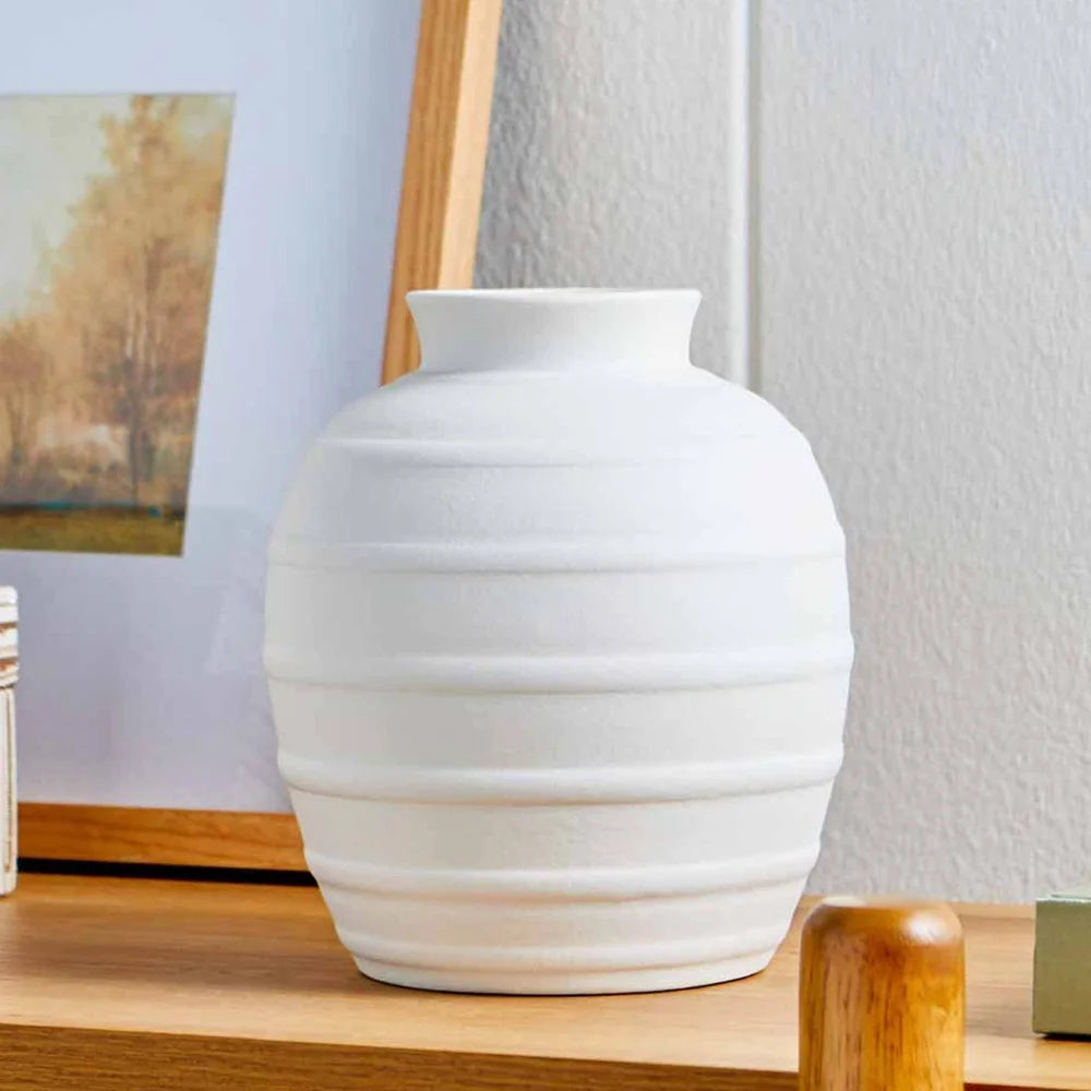 Textured Ribbed Ceramic Vase 8 Inch Wide Opening Rustic Decor Indoor Floral Arrangement Home Tabletop Centerpiece