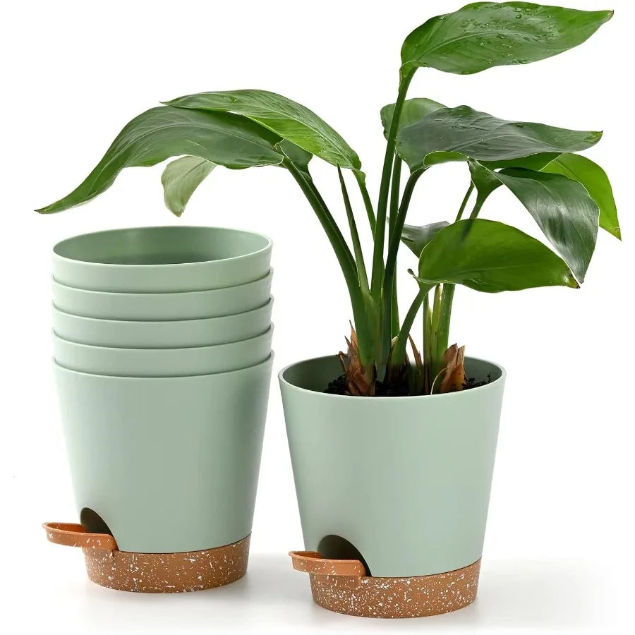 Plant Pots 6 PCS 5 inch Self Watering Planters High Drainage Flowers Pot for Indoor Outdoor Plants with Reservoir Tray and Wate
