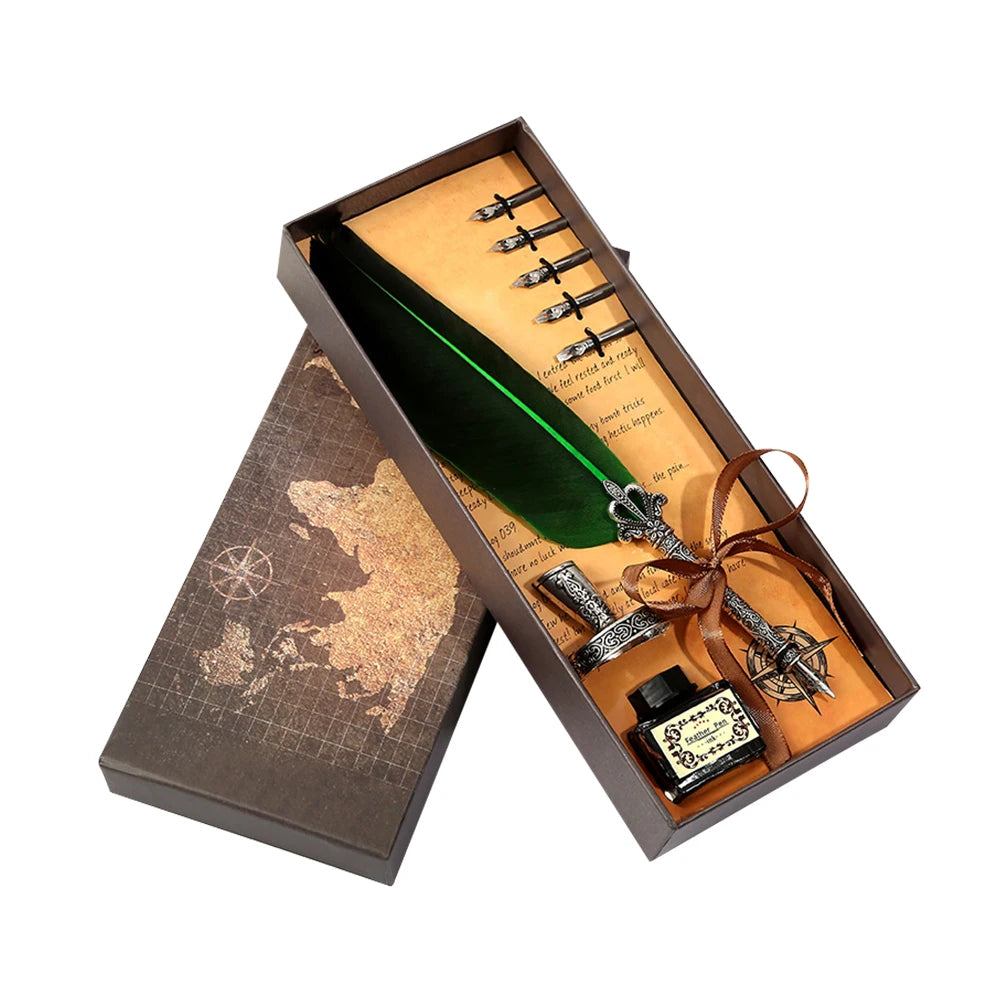 Retro Calligraphy Feather Dip Pen Writing Ink Bottle Stationery Birthday Gifts