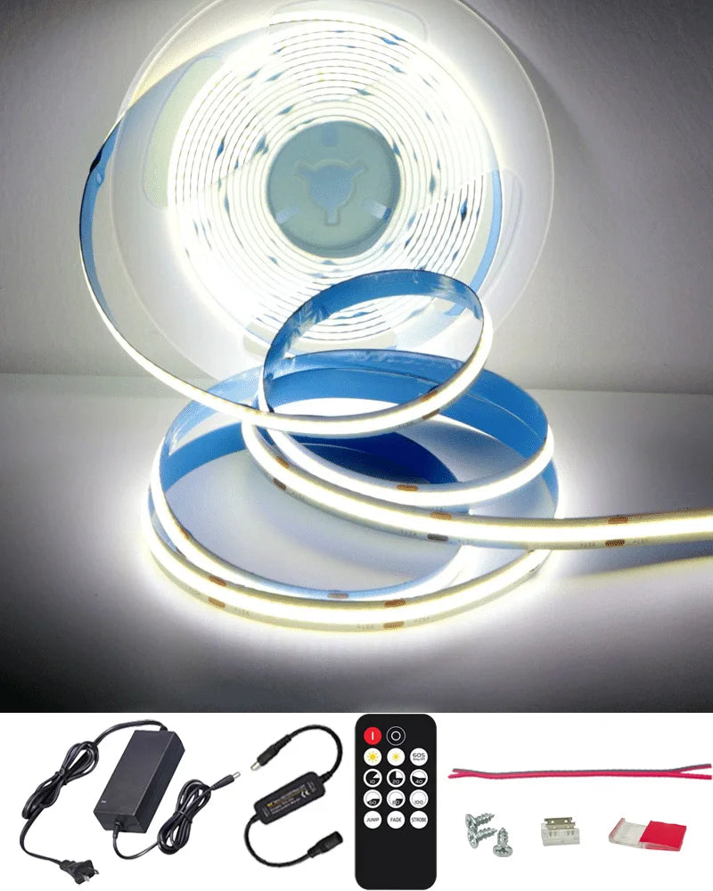 ETL Listed 50ft/15m COB LED Strip Lights 3000K/4000K/6500K White with RF Remote for Bedroom Cabinet Wall(Power supply included)