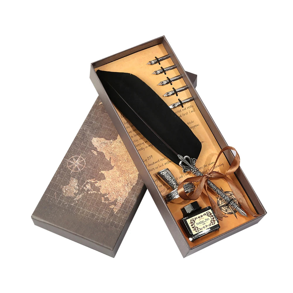 Retro Calligraphy Feather Dip Pen Writing Ink Bottle Stationery Birthday Gifts