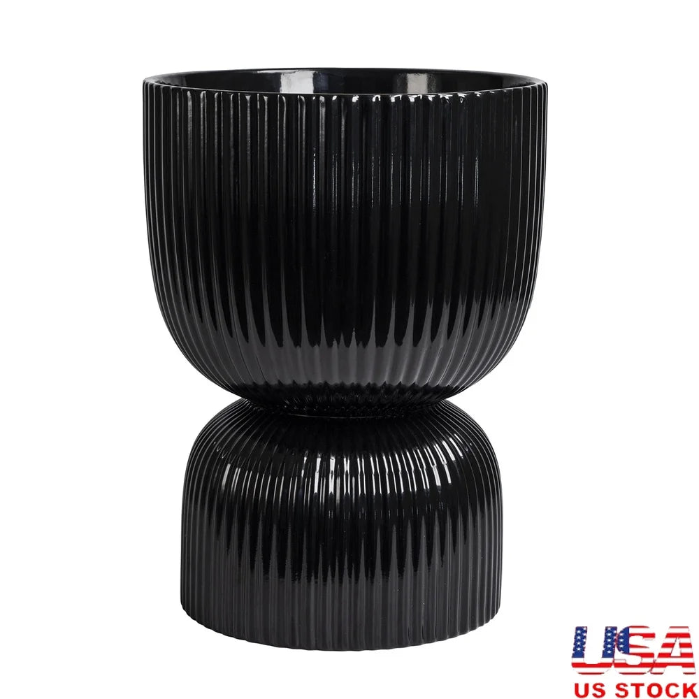 Black Ceramic Fulted Planter 10 Inch Round Flower Pot with Drainage Small Houseplants Indoor Outdoor Gardening