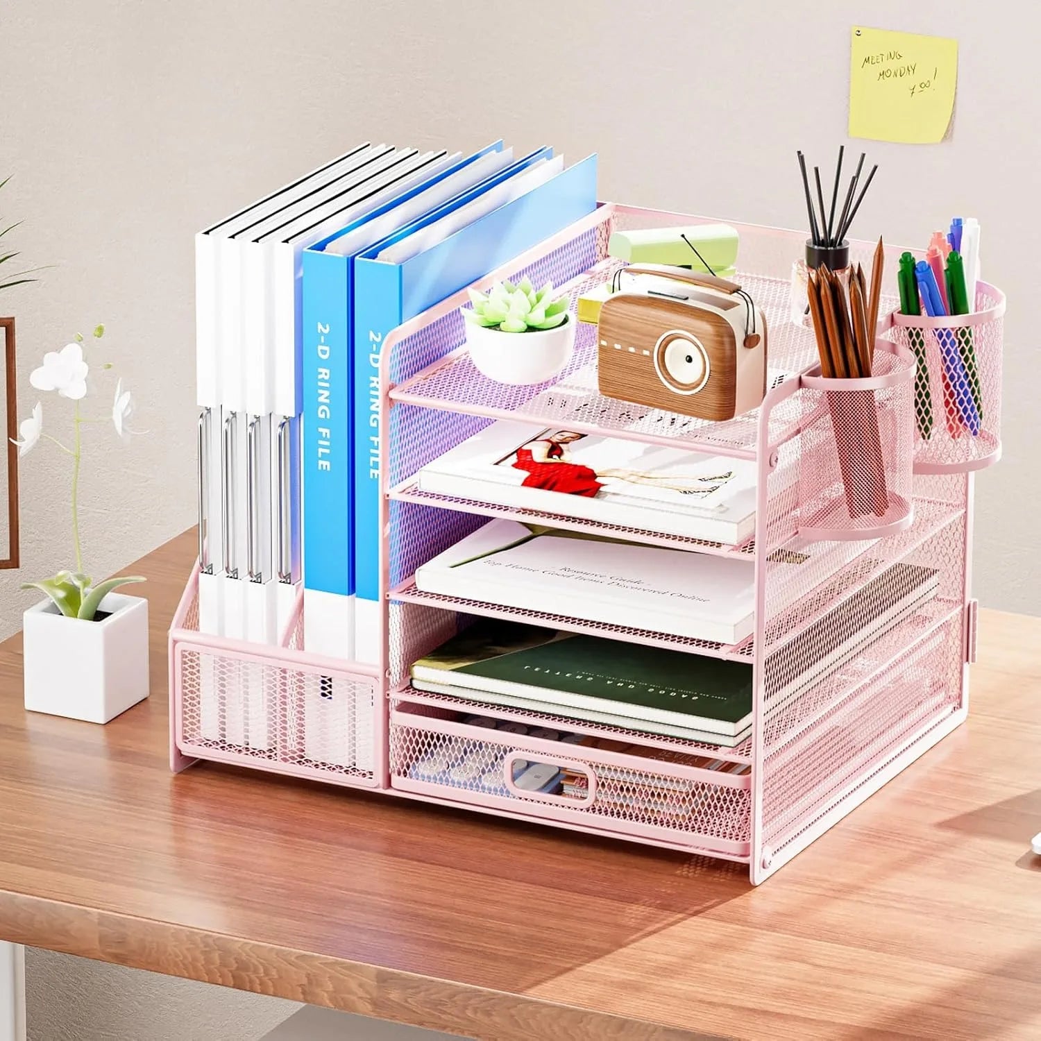 5-layer paper letter tray storage with drawers and 2 pen holders, desktop storage with office supplies magazine rack (pink)
