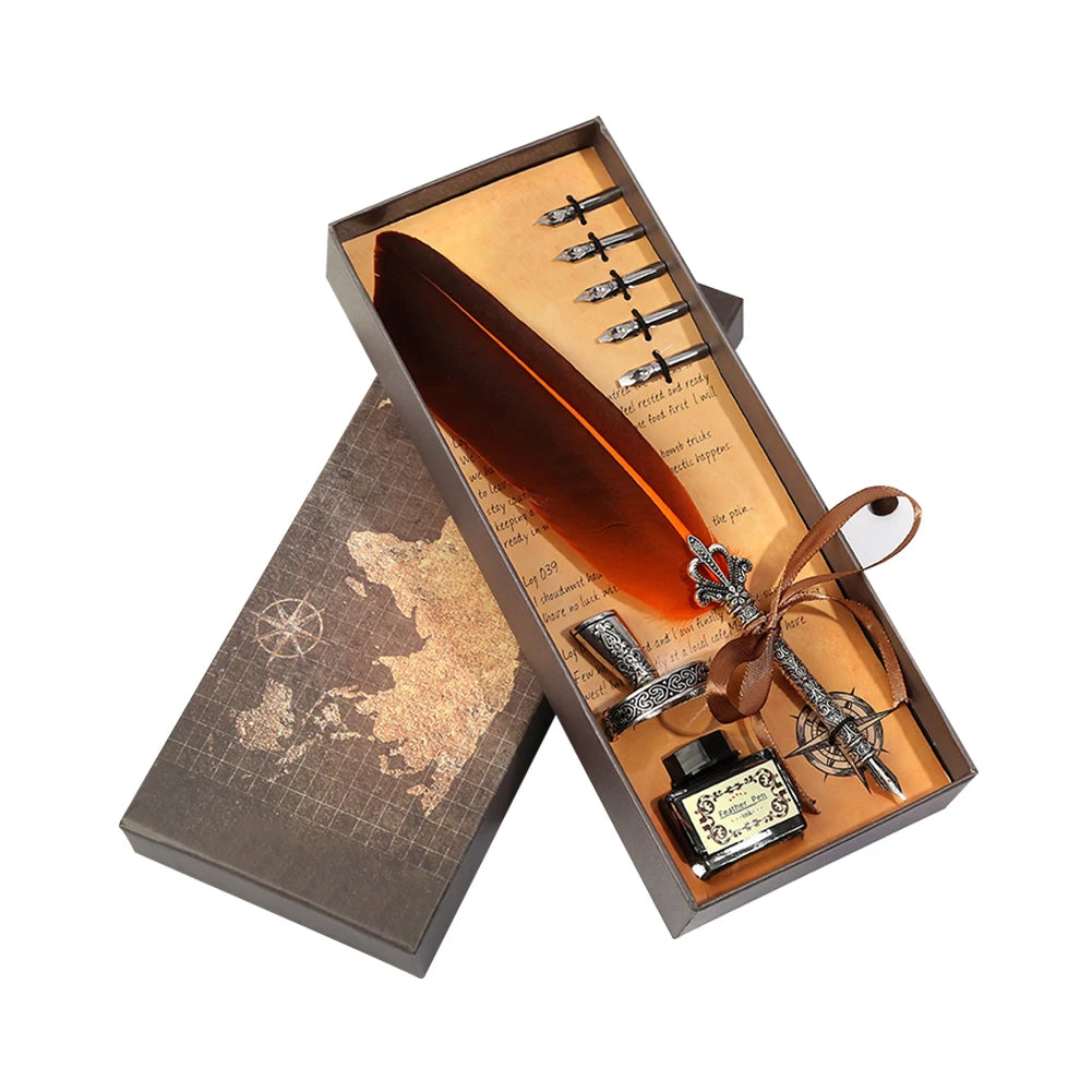 Retro Calligraphy Feather Dip Pen Writing Ink Bottle Stationery Birthday Gifts