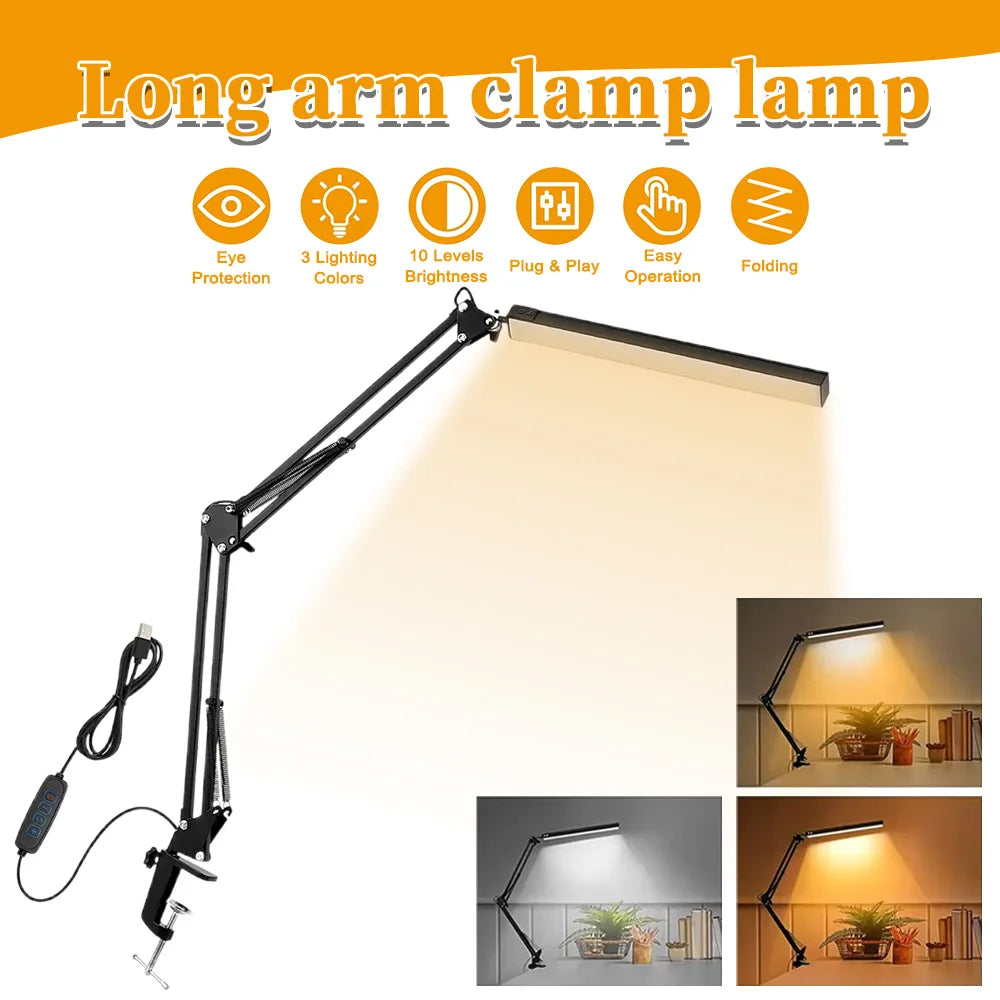 LED Desk Lamp Eye-Caring Adjustable Swing Arm Table Light with Clamp reading lights night light for Study Reading Work Task/Offi