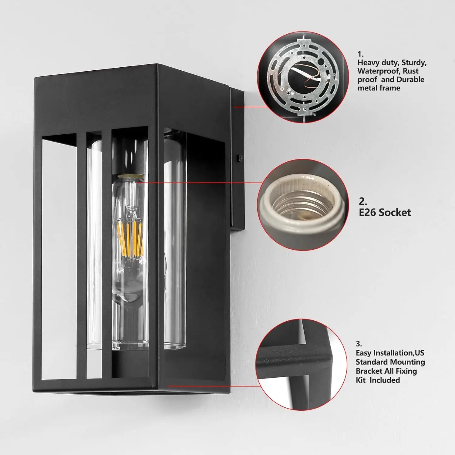 Porch light outdoor, matte black outdoor wall light strip E26 socket, suitable for front doors, garages, terraces or courtyards