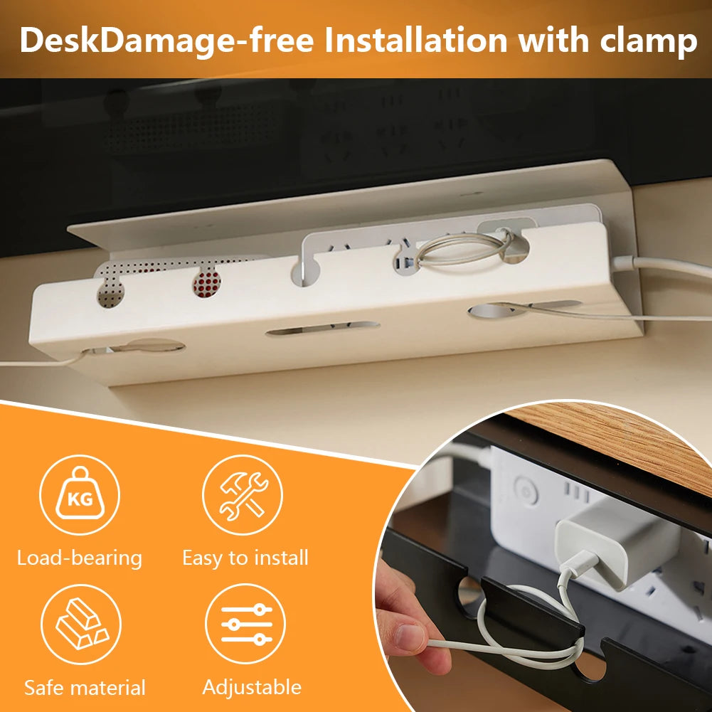 2Pcs Under Desk Cable Management Tray Self Adhesive Under Desk Cable Shelf No Punching Cable Storage Rack for Home Office