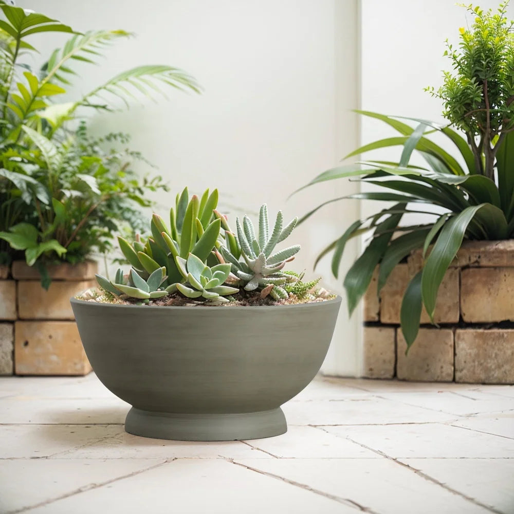 Gray Sienna Recycled Resin Planter Indoor Outdoor Round Flower Pot with Drainage Holes UV Resistant Lightweight Durable 18in