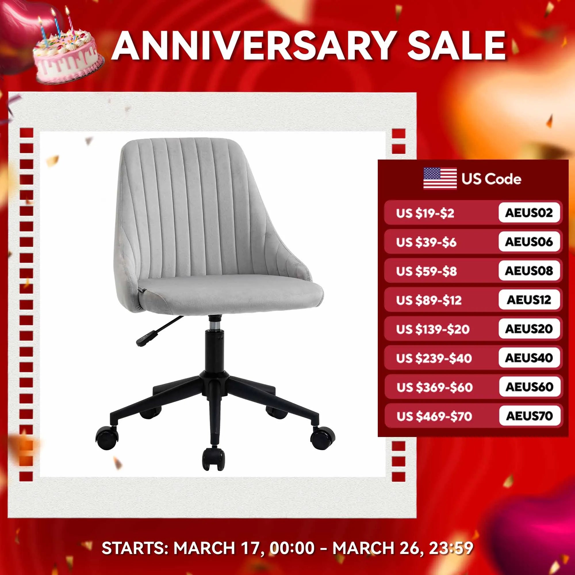 Vinsetto Mid-Back Office Chair, Velvet Fabric Swivel Scallop Shape Computer Desk Chair for Home Office or Bedroom, Grey