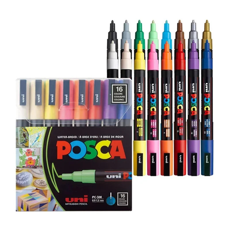 16pcs UNI PC-3M POSCA Markers Set Acrylic Pen 0.9-1.3mm Painting Graffiti High Quality Japanese Stationery Office Supplies