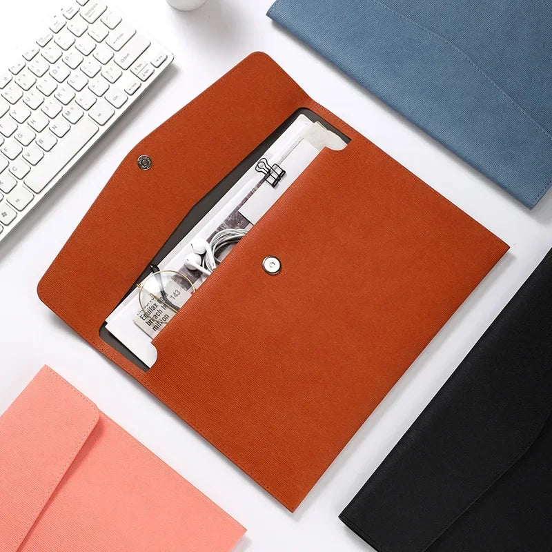 A4 Leather File Folder Large Capacity Document Bag Business Briefcase Magnetic Button Waterproof Laptop Cases Office Organizer