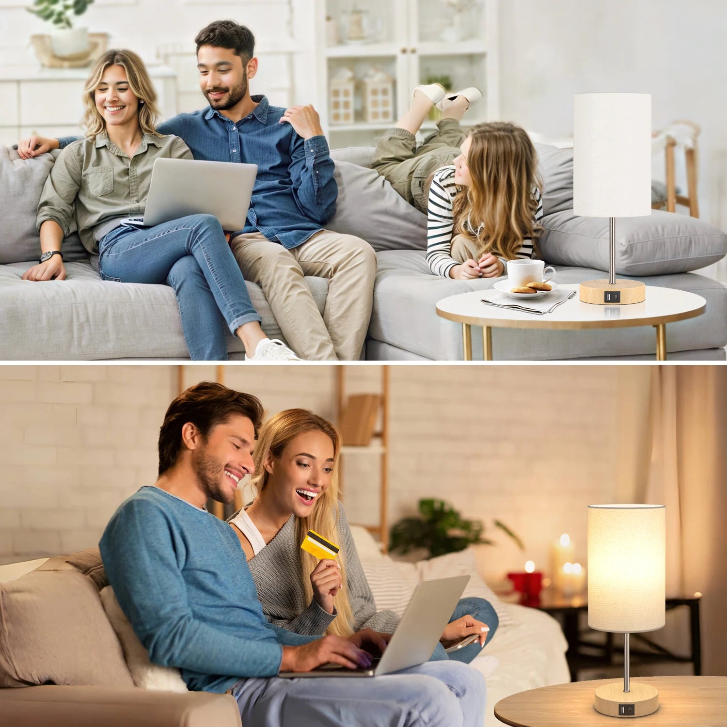 2 Pack 14 Inch Small Table Lamp for Bedroom, 3 Way Dimmable, Touch Control, Dual Charging Ports, 3000K Soft Warm (2 LED Bulb)