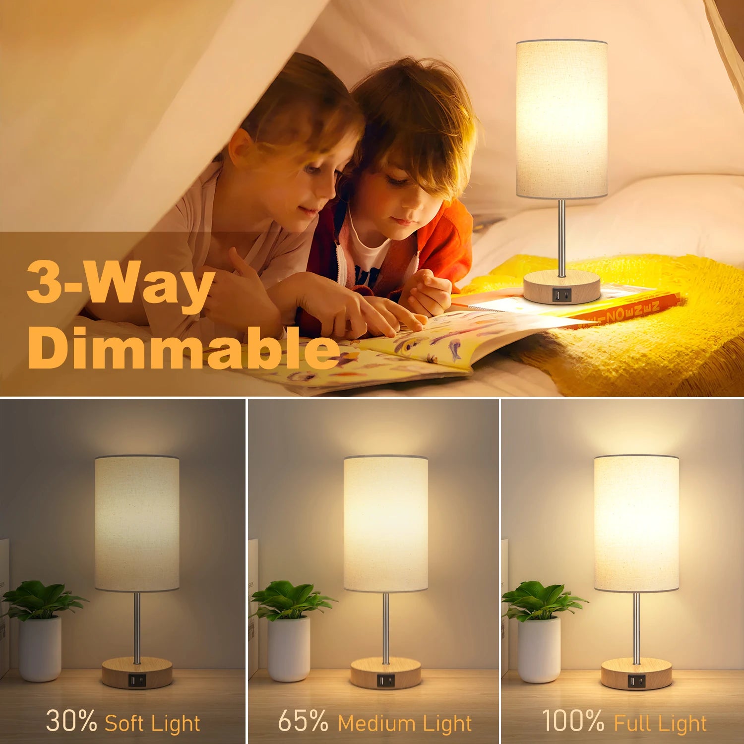 2 Pack 14 Inch Small Table Lamp for Bedroom, 3 Way Dimmable, Touch Control, Dual Charging Ports, 3000K Soft Warm (2 LED Bulb)
