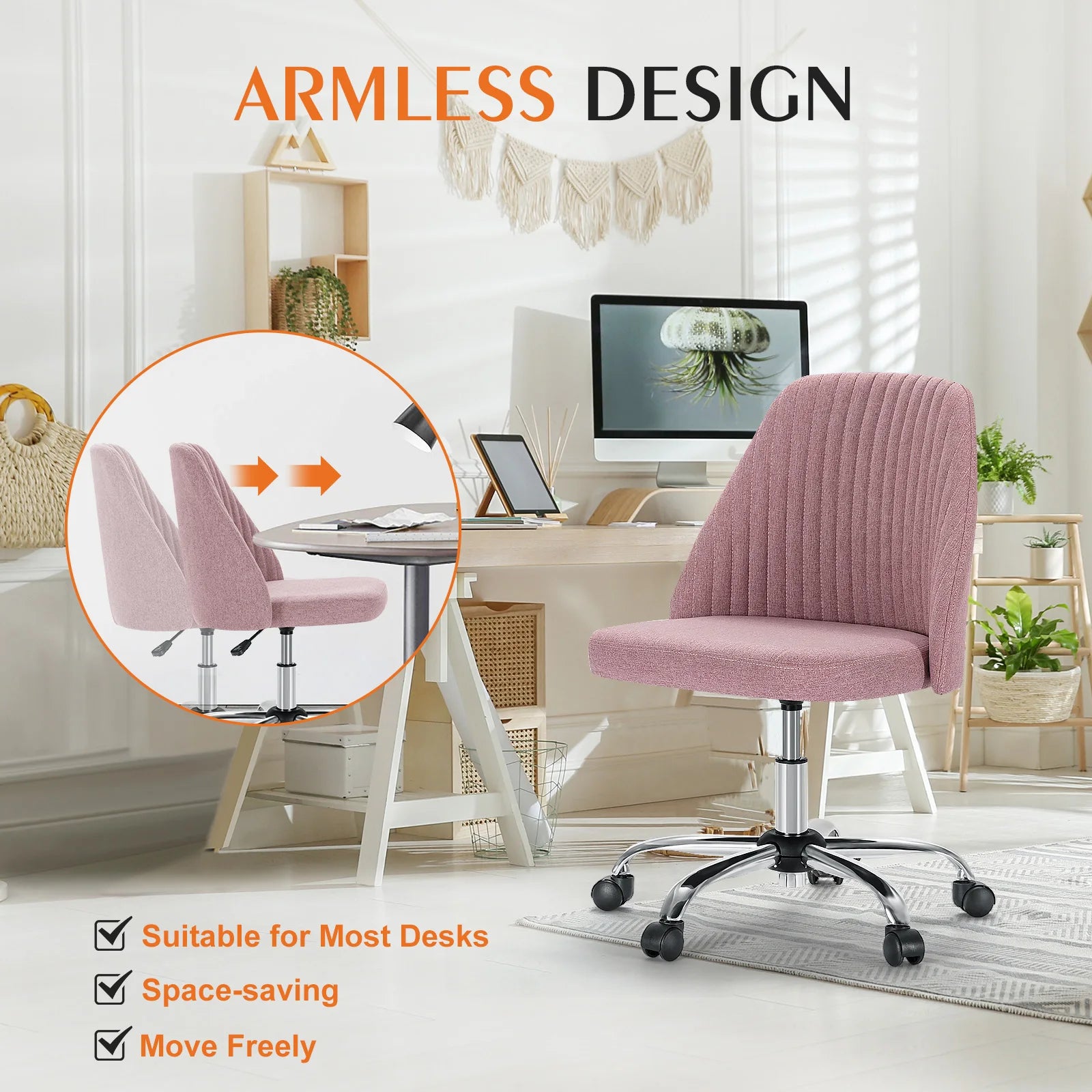 JHK Armless Small Desk Office Chair Cute Vanity Swivel Chair with Back Modern Fabric with Wheels Swivel Task Home Gaming Chair