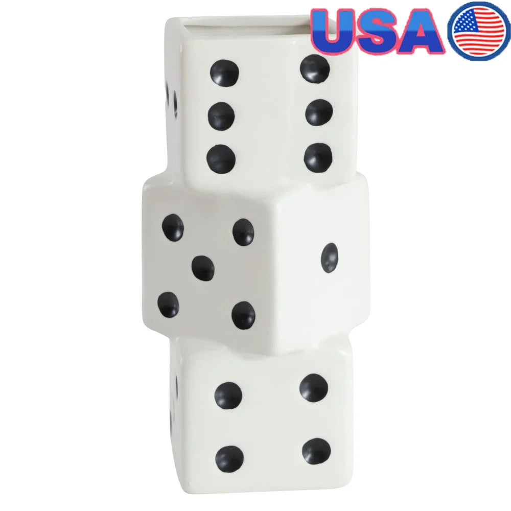 Unique Ceramic Dice Vase Decorative Accent Desk Shelf Indoor Display Fun Home Decor 8.75 Inches Height