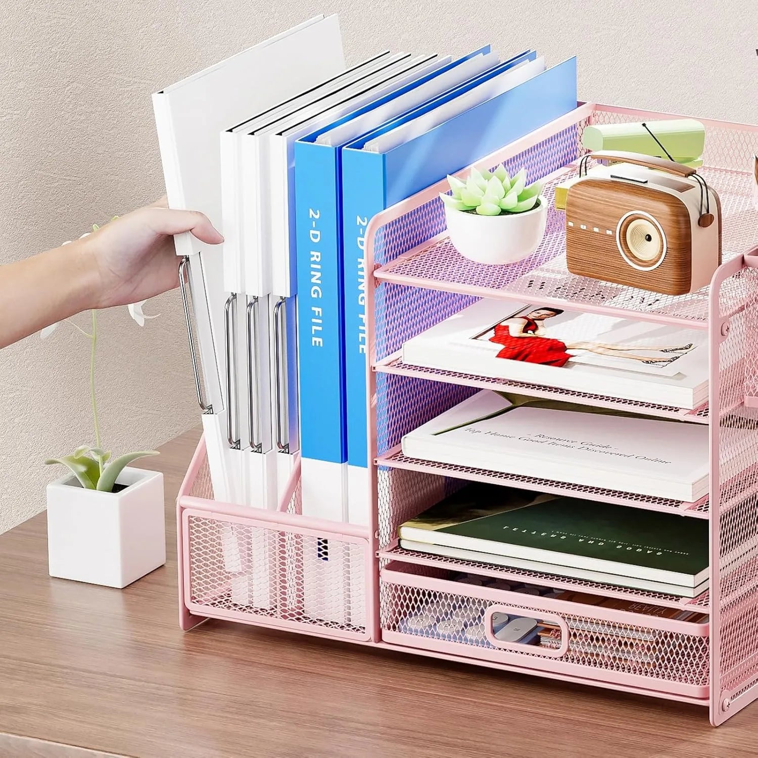 5-layer paper letter tray storage with drawers and 2 pen holders, desktop storage with office supplies magazine rack (pink)