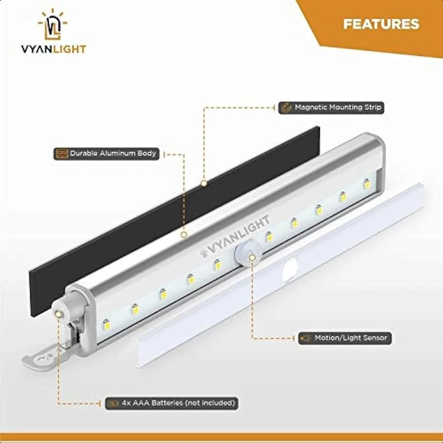 Motion Sensor LED Under Cabinet Lights 10 LED Light Strips for Closet Kitchen Bathroom Pantry Battery Operated Wireless Peel an