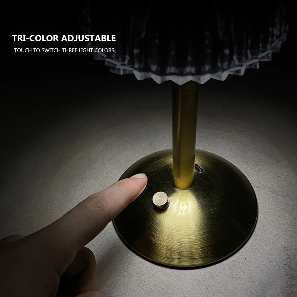 Crystal Table Lamp Rechargeable 3 Colors Portable Gold Metal Beside Lamp 2000mAh Battery Operated Dimmable Touch Light