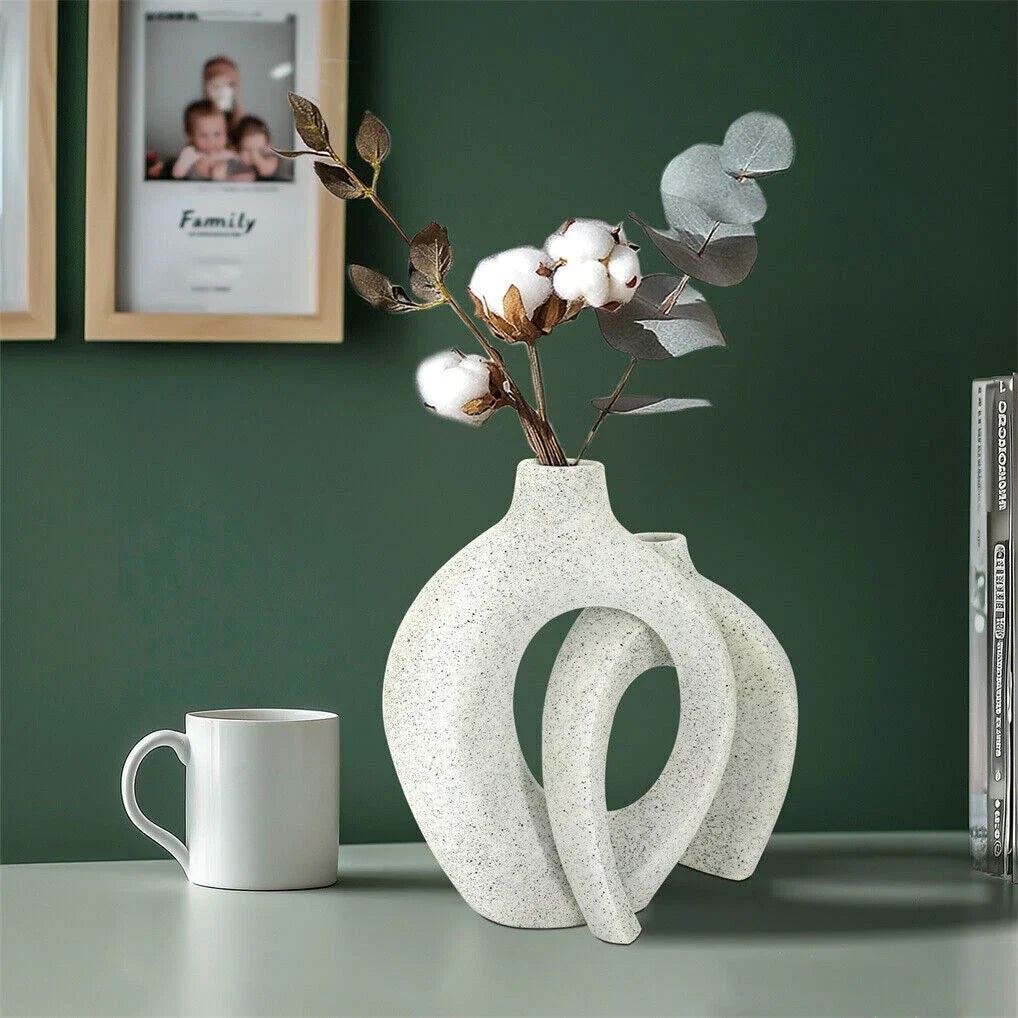 Set of 2 Artistic Decorative Vase White Reisn Hollow Snuggle Donut Flower Vases for Table Bouquet Centerpieces Displaying