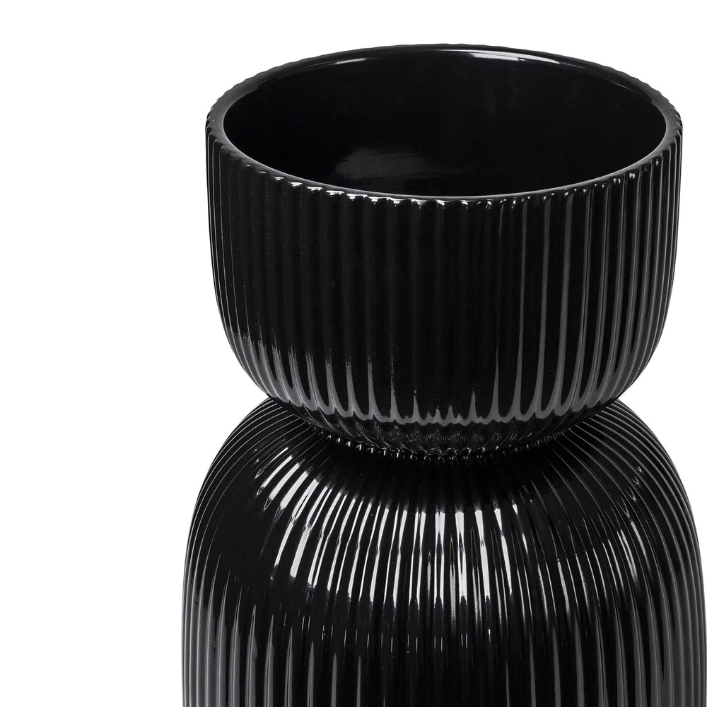 Black Ceramic Fulted Planter 10 Inch Round Flower Pot with Drainage Small Houseplants Indoor Outdoor Gardening