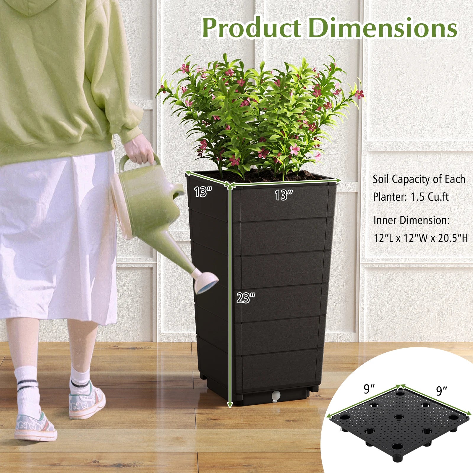 23" Tall Planter Set of 2 for Indoor/ Outdoor Use Large Self-Watering Plant Pot