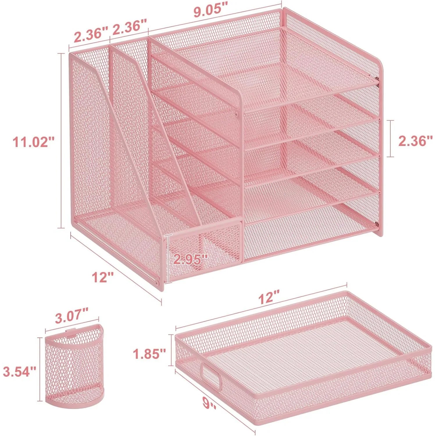 5-layer paper letter tray storage with drawers and 2 pen holders, desktop storage with office supplies magazine rack (pink)