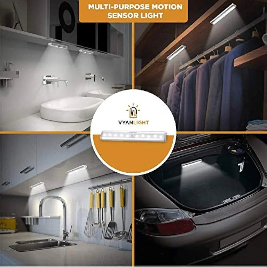 Motion Sensor LED Under Cabinet Lights 10 LED Light Strips for Closet Kitchen Bathroom Pantry Battery Operated Wireless Peel an