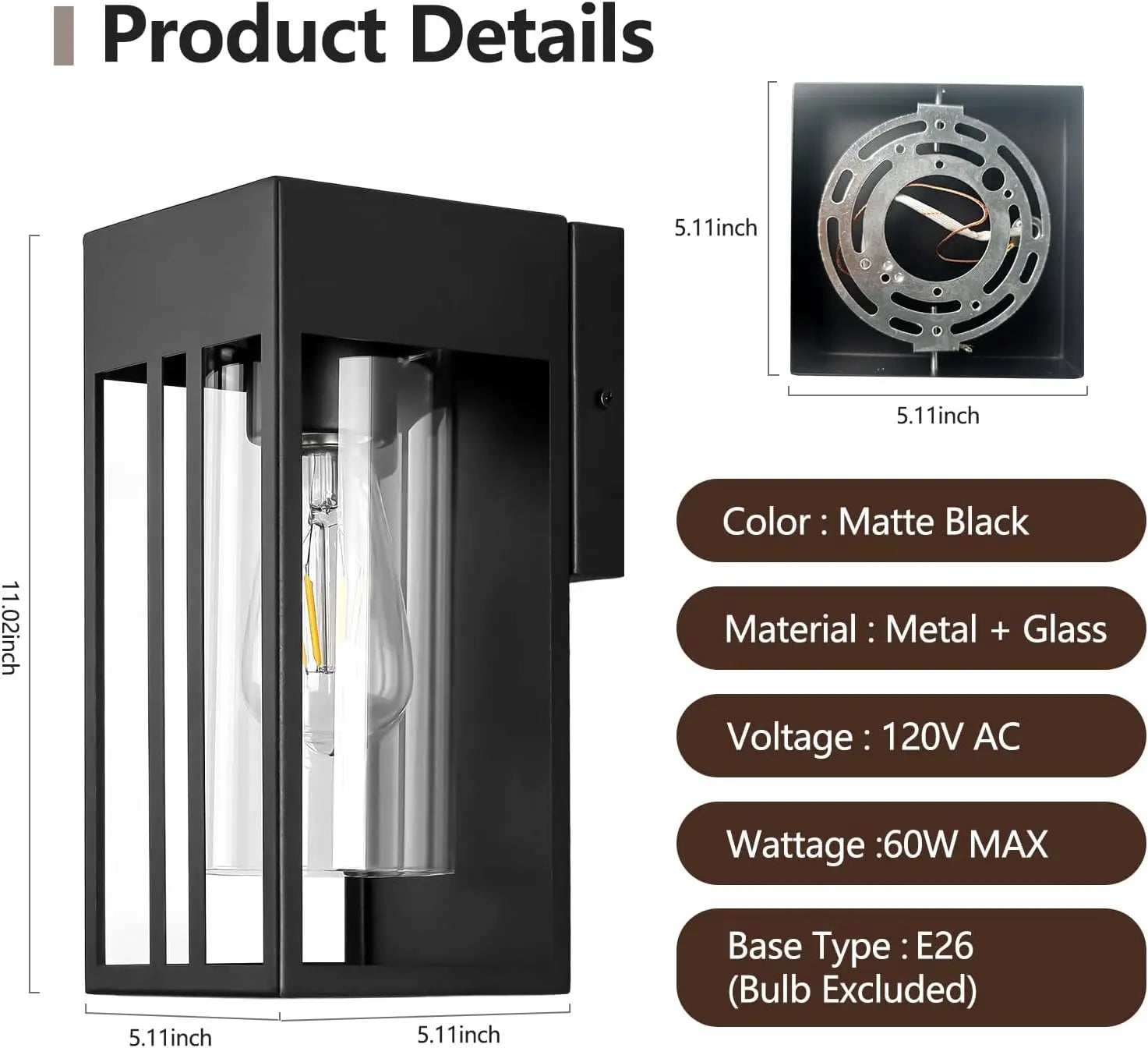 Porch light outdoor, matte black outdoor wall light strip E26 socket, suitable for front doors, garages, terraces or courtyards