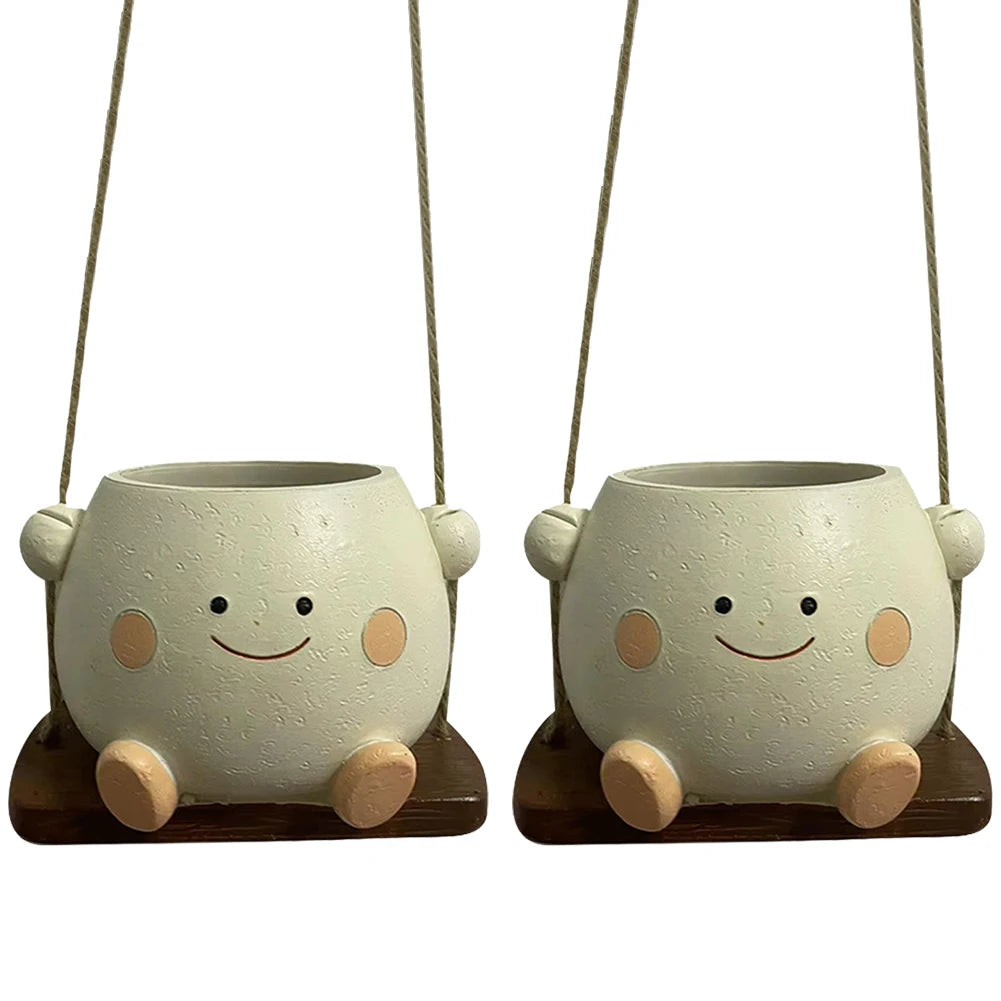 2Pcs Swing Smile Face Planter Resin Cute Plant Succulent Pots Creative Hanging Swing Chair Planter for Indoor Outdoor Plant