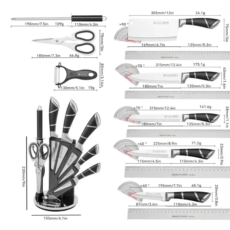 Kitchen Knife Set 9pcs Stainless Steel Sharp Non-Stick Coated Chef Knives with Sharpener for Cutting Slicing Dicing Chopping
