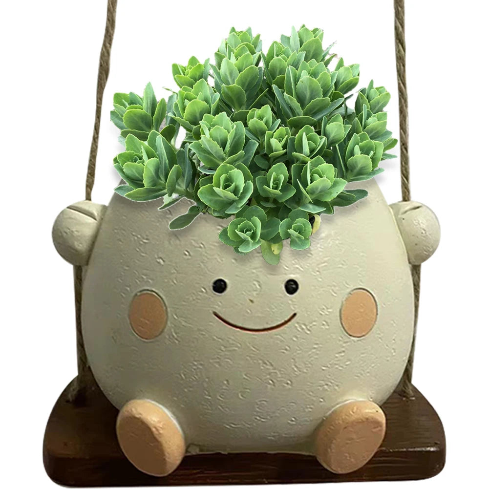 2Pcs Swing Smile Face Planter Resin Cute Plant Succulent Pots Creative Hanging Swing Chair Planter for Indoor Outdoor Plant