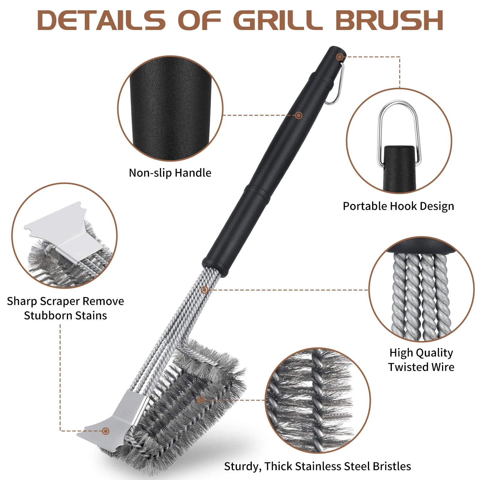 Stainless Steel Grill Brush with Scraper, 19 in Grill Brush for Outdoor Grill, BBQ Brush for Grill Cleaning, Kitchen Accessories