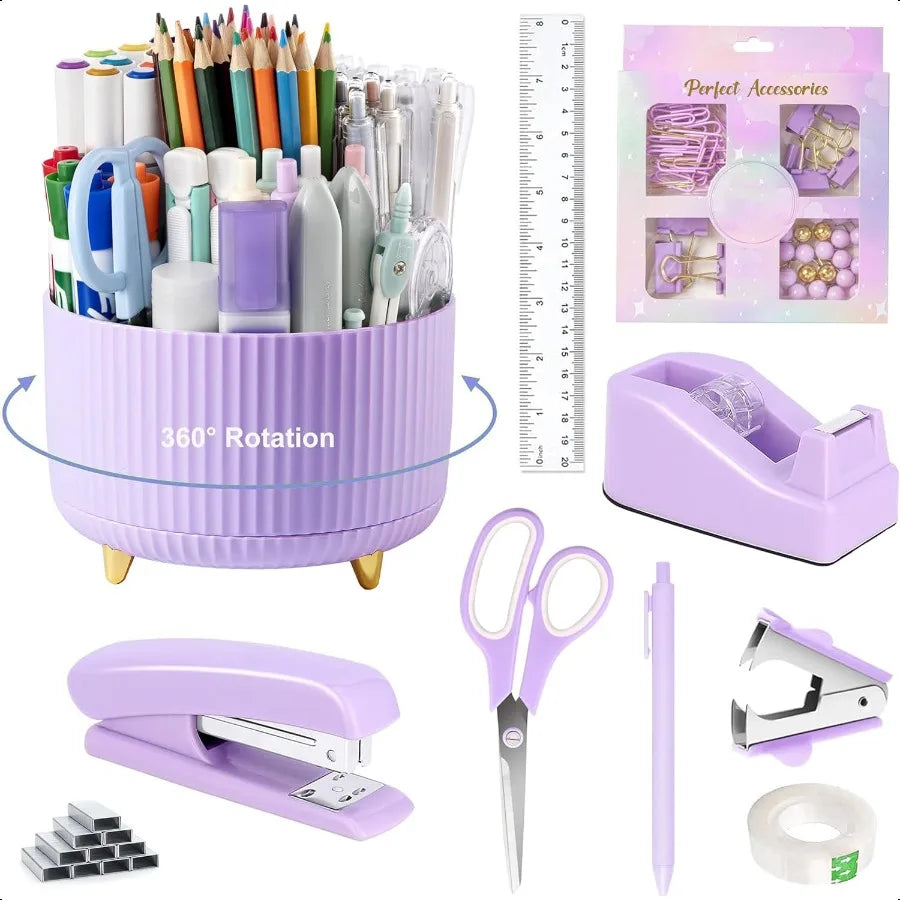 Purple Desk Accessories Purple Office Supplies 360°Pen Holder Desk Organizers And Accessories with Tape Dispenser Stapler Stapl