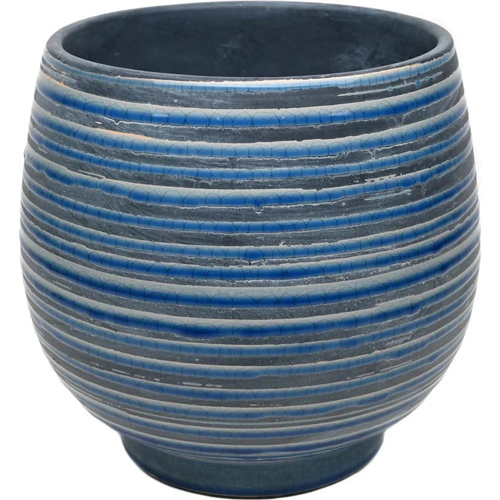 10 Inch Round Ceramic Planter with Drainage Holes Decorative Pot Indoor Outdoor Plants Blue and White Crackle Design