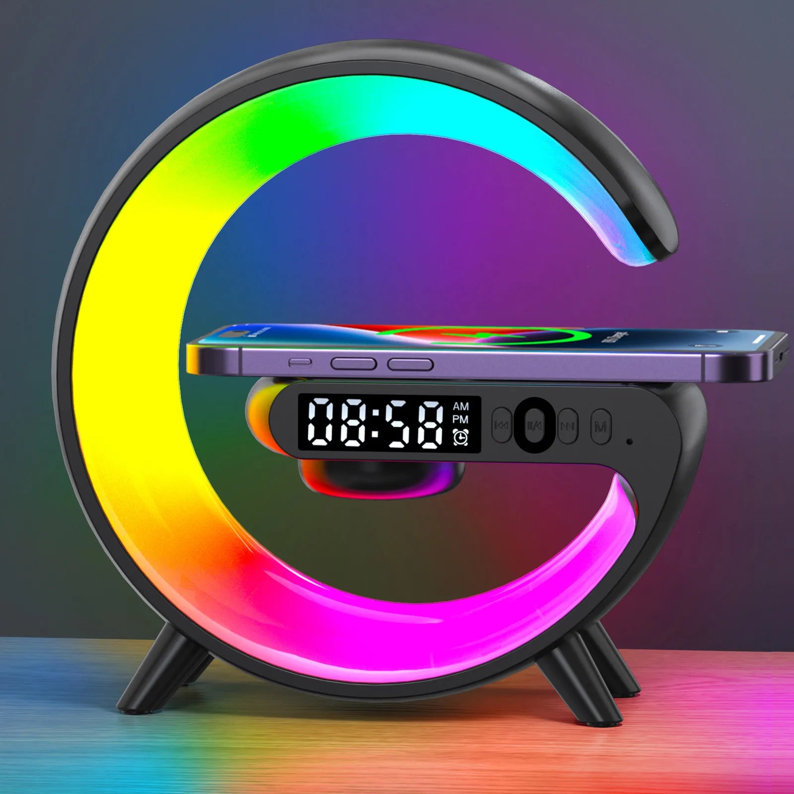 Christmas Gift 5.9" Fast Wireless Charger Desktop Stand Bluetooth Speaker TF Clock RGB Atmosphere Light Lamp For iPhone Samsung