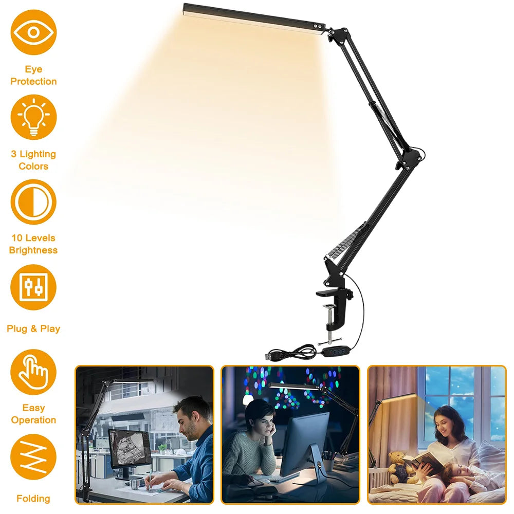 LED Desk Lamp Eye-Caring Adjustable Swing Arm Table Light with Clamp reading lights night light for Study Reading Work Task/Offi
